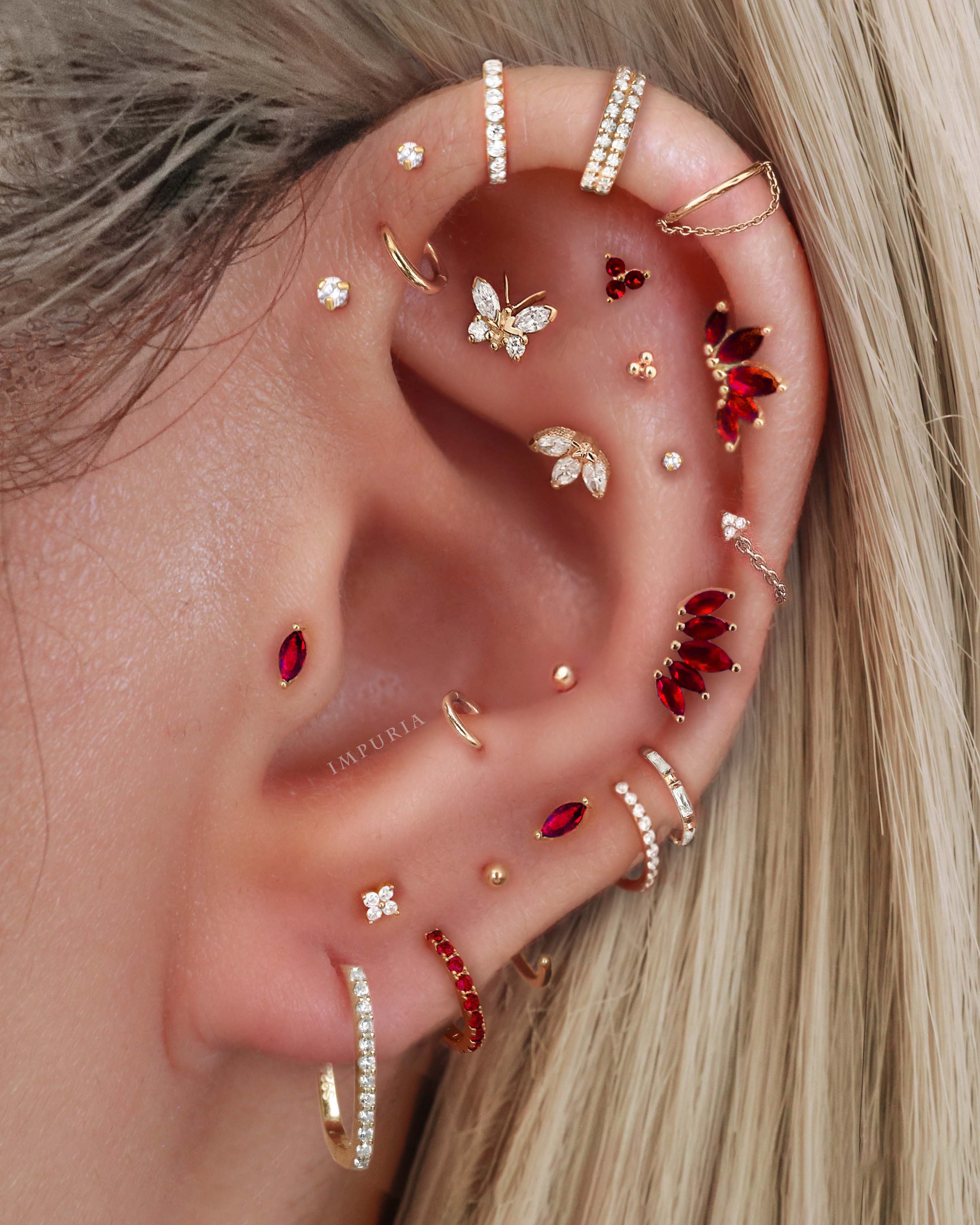 Cute Multiple Ear Piercing Curation Ideas for Women Gold Cartilage Earrings with Red Crystal - www.Impuria.com #earpiercings