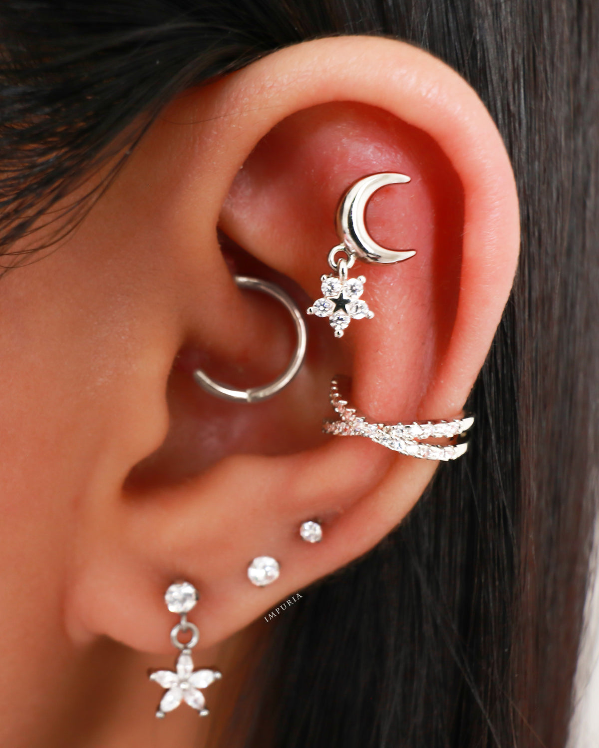 Celestial Simple Ear Piercing Curation Ideas for Women Silver Cartilage Earrings - www.Impuria.com #earpiercings