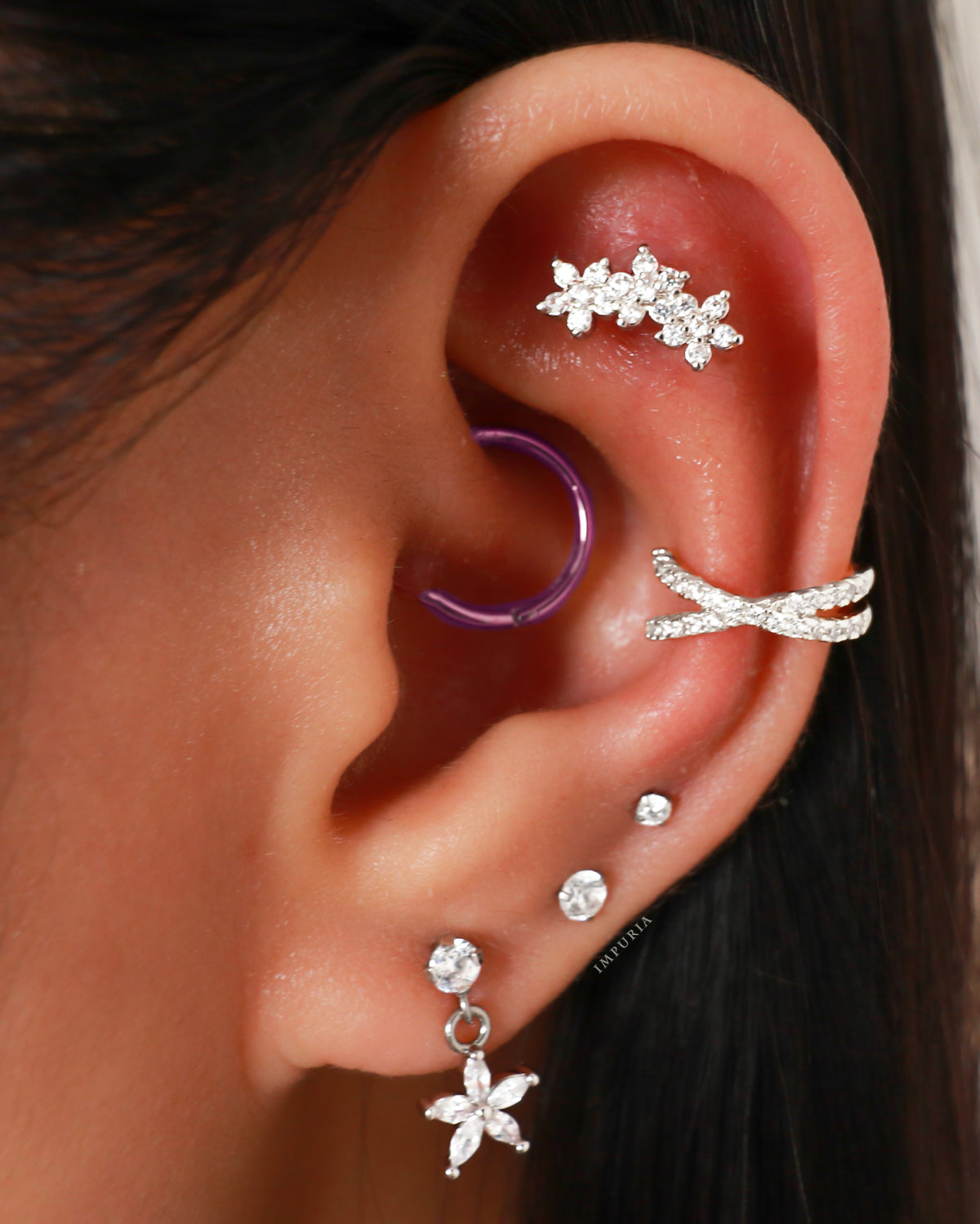 Pretty Flower Multiple Ear Piercing Curation Ideas for Women Silver Flat Back Earring Stud 16G  - www.Impuria.com #earpiercings