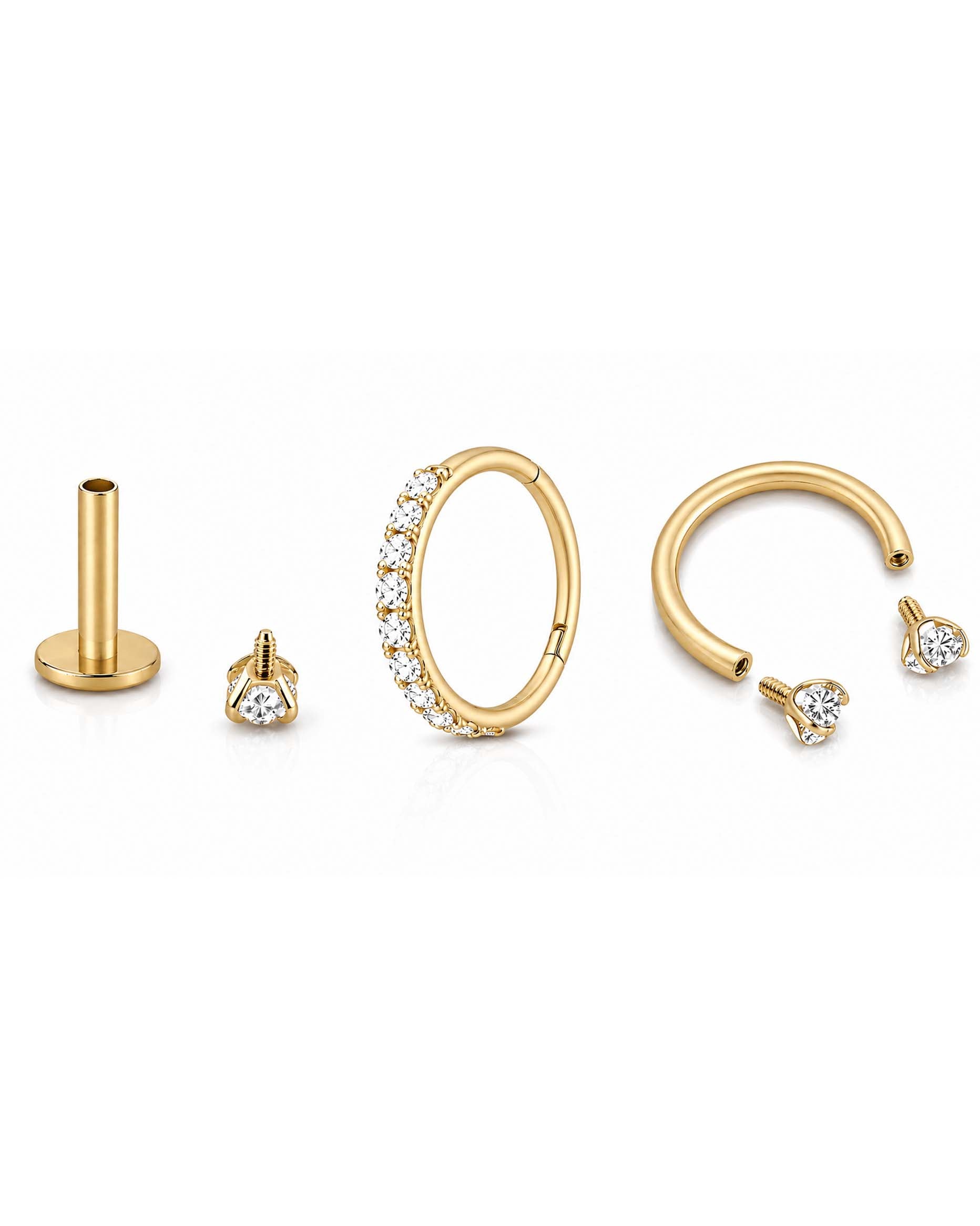 Minimalist ear stack with flat back stud earrings and helix hoop and horseshoe barbell, Essential Ear Stack Capsule by Impuria jewelry in gold opened 