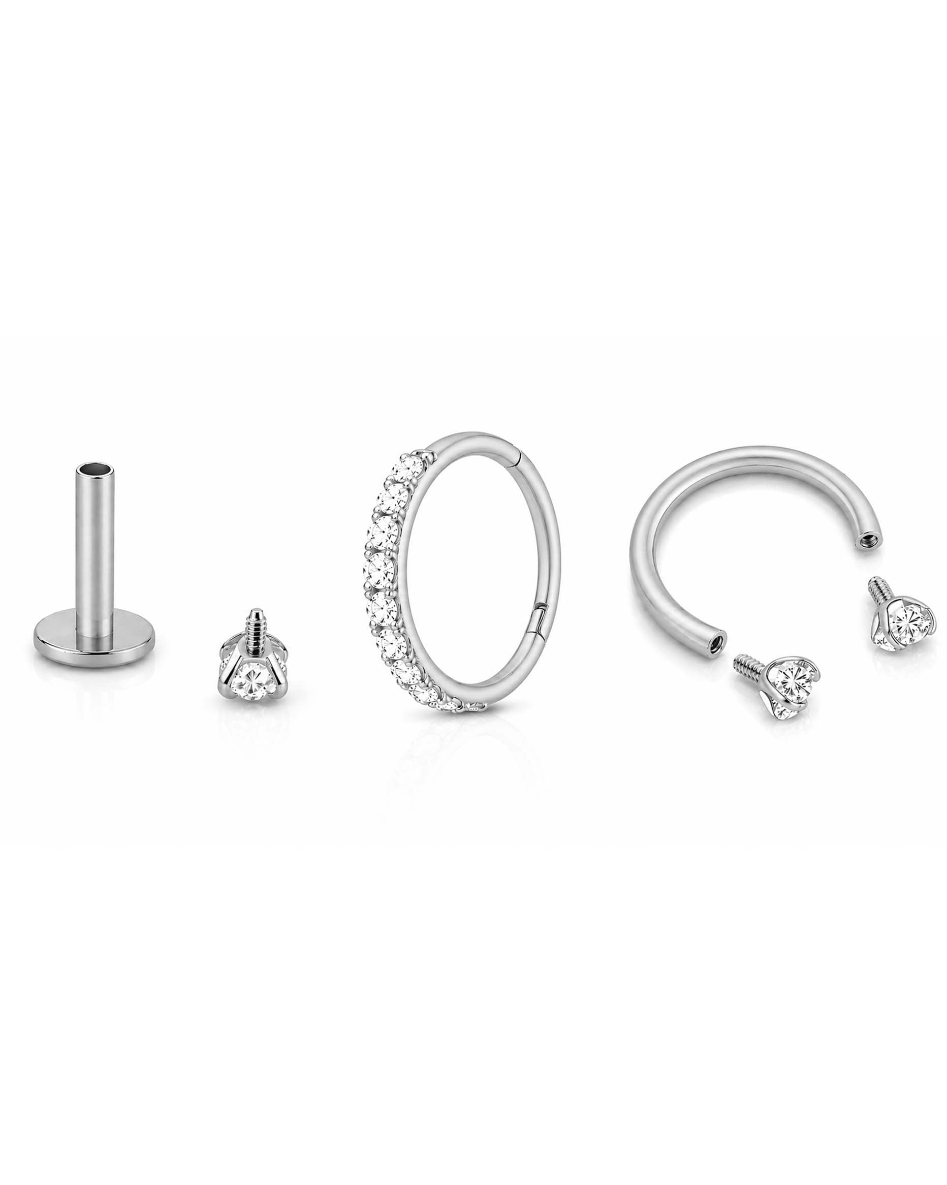 Minimalist ear stack with flat back stud earrings and helix hoop and horseshoe barbell, Essential Ear Stack Capsule by Impuria jewelry in silver opened 