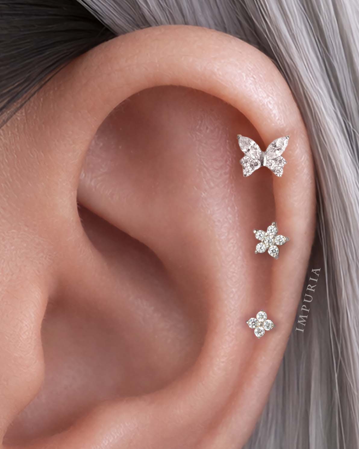 butterfly flower clover flat back earring stud 16G hypoallergenic at impuria ear piercing jewelry