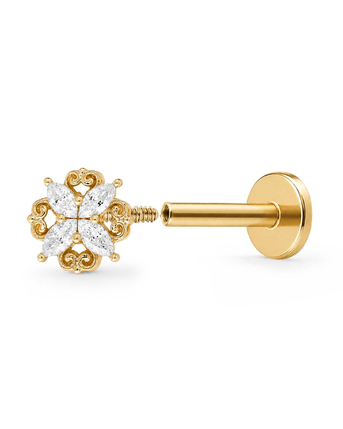 A gold flat-back open labret stud cartilage ear piercing earring featuring a decorative four-petal flower head set with  filigree milgrain metal clear marquise-cut gemstones and small accent stones, shown on a plain white background.