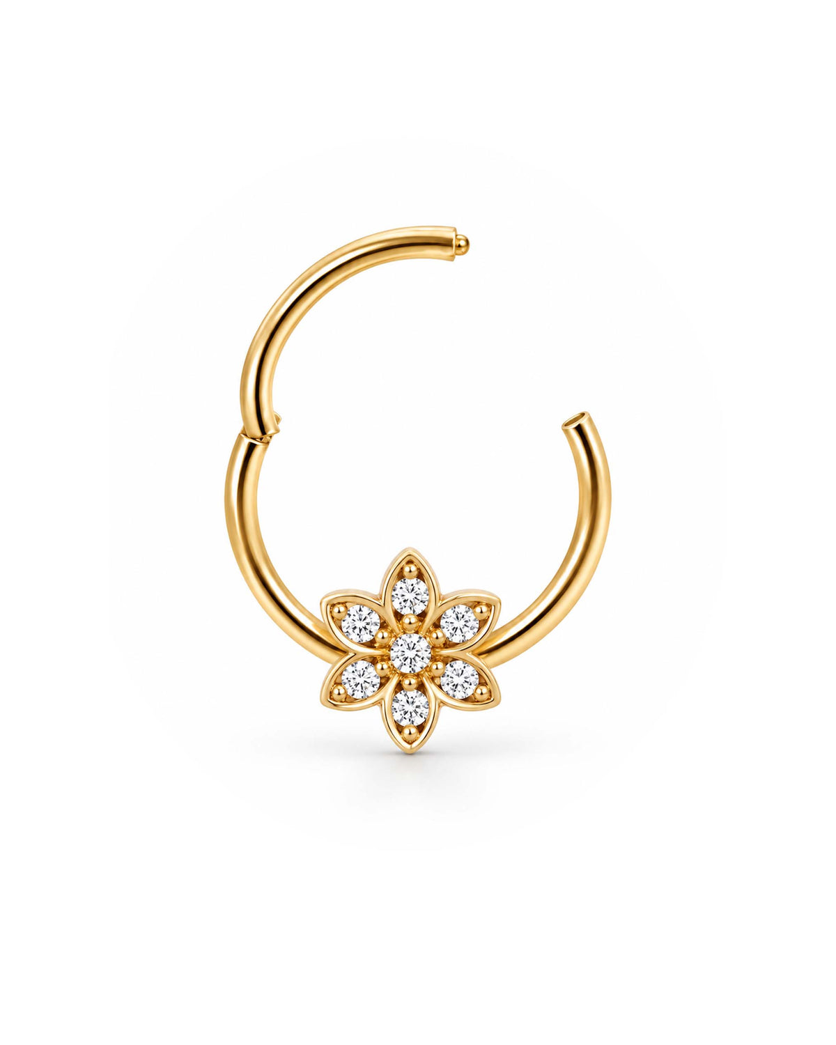 A gold hoop open clicker for ear cartilage piercing jewelry featuring a  flower charm set with small clear gemstones, shown on a plain white background.