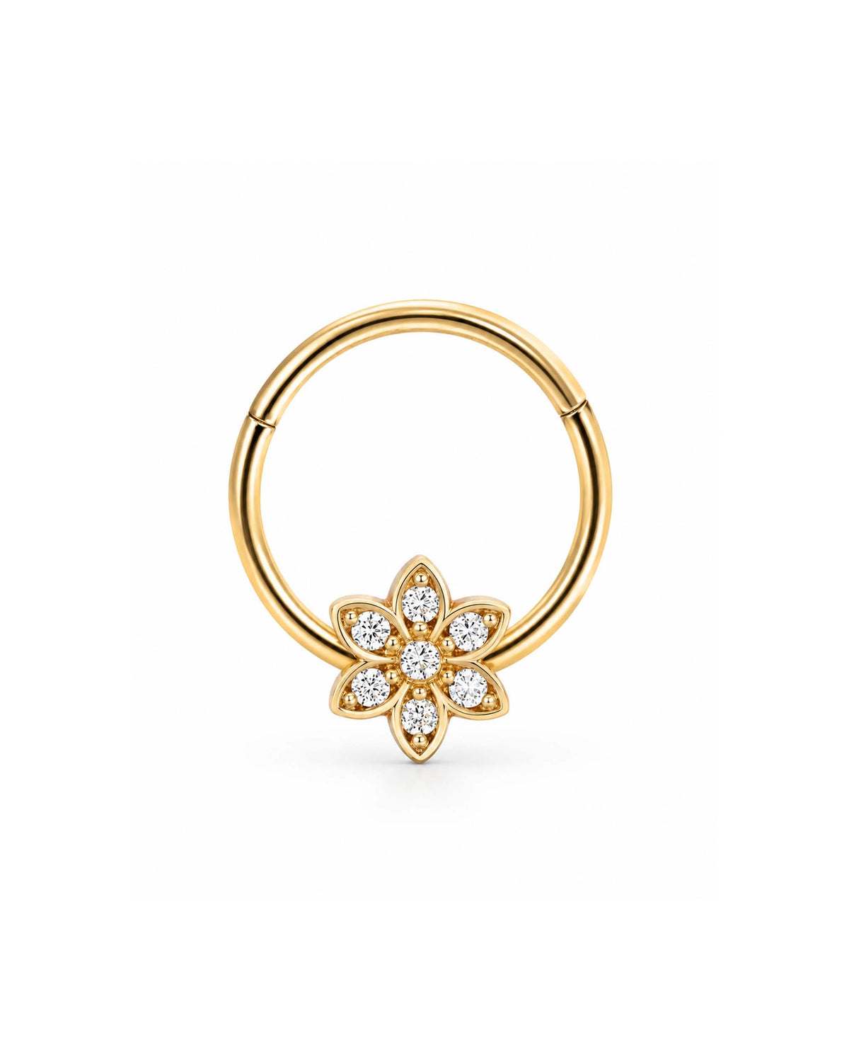 A gold hoop clicker for ear cartilage piercing jewelry featuring a  flower charm set with small clear gemstones, shown on a plain white background.
