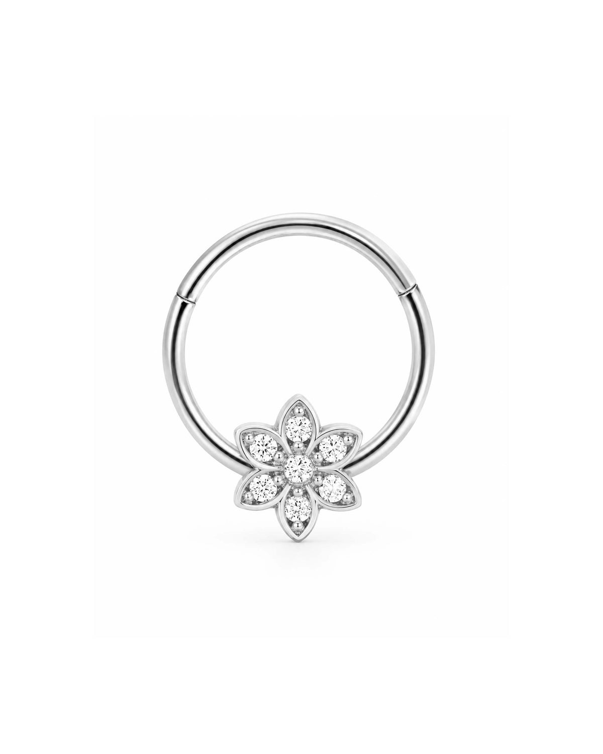 A silver hoop clicker for ear cartilage piercing jewelry featuring a  flower charm set with small clear gemstones, shown on a plain white background.