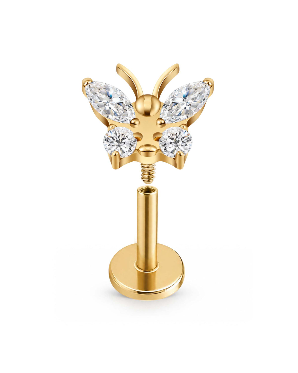 A gold butterfly-shaped stud flat back earring with four clear marquise and round-cut gemstones, mounted on a screw-back post with a flat circular base, shown on a plain white background.