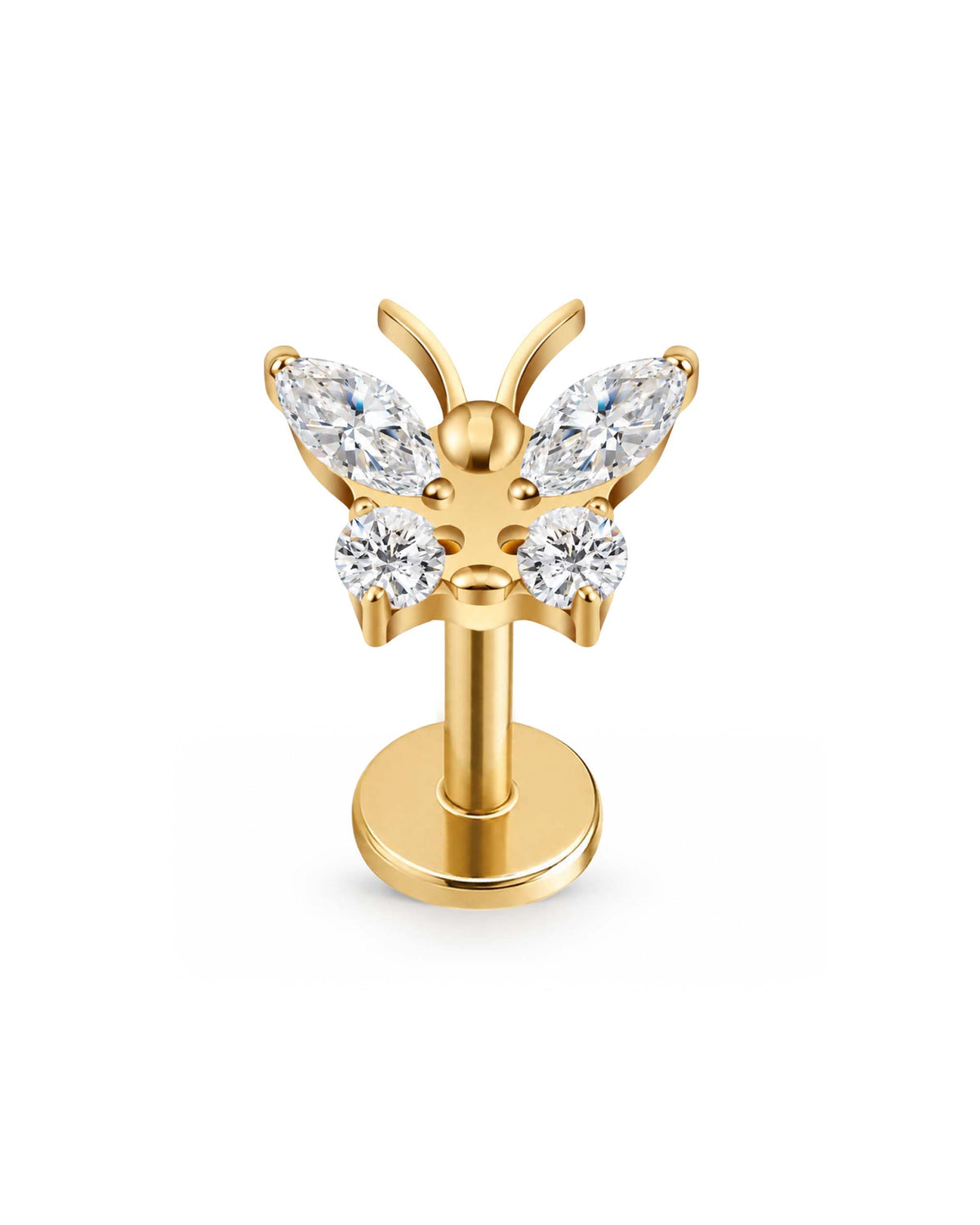 A gold butterfly-shaped flat back stud earring featuring marquise-cut and round clear gemstones, displayed on a clean white background.