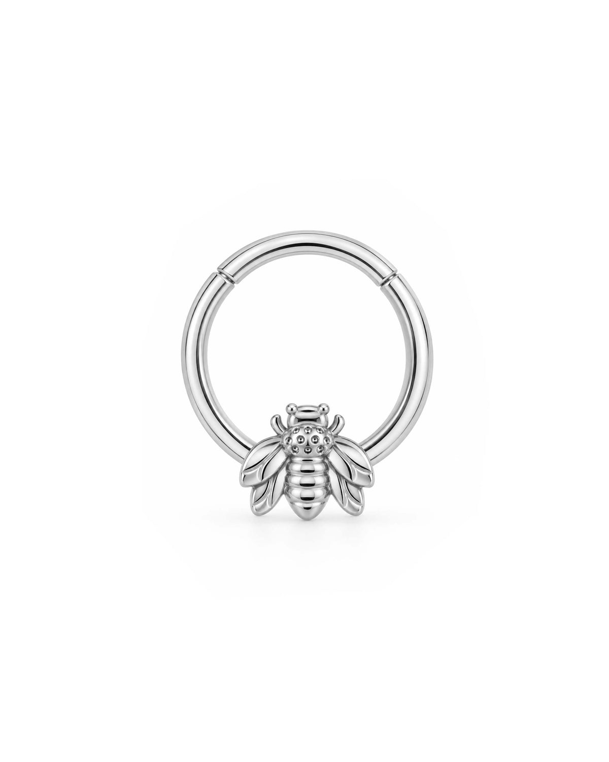 A silver bee ring hoop clicker daith ear piercing with a small, detailed bee charm at the bottom, shown on a clean white background.