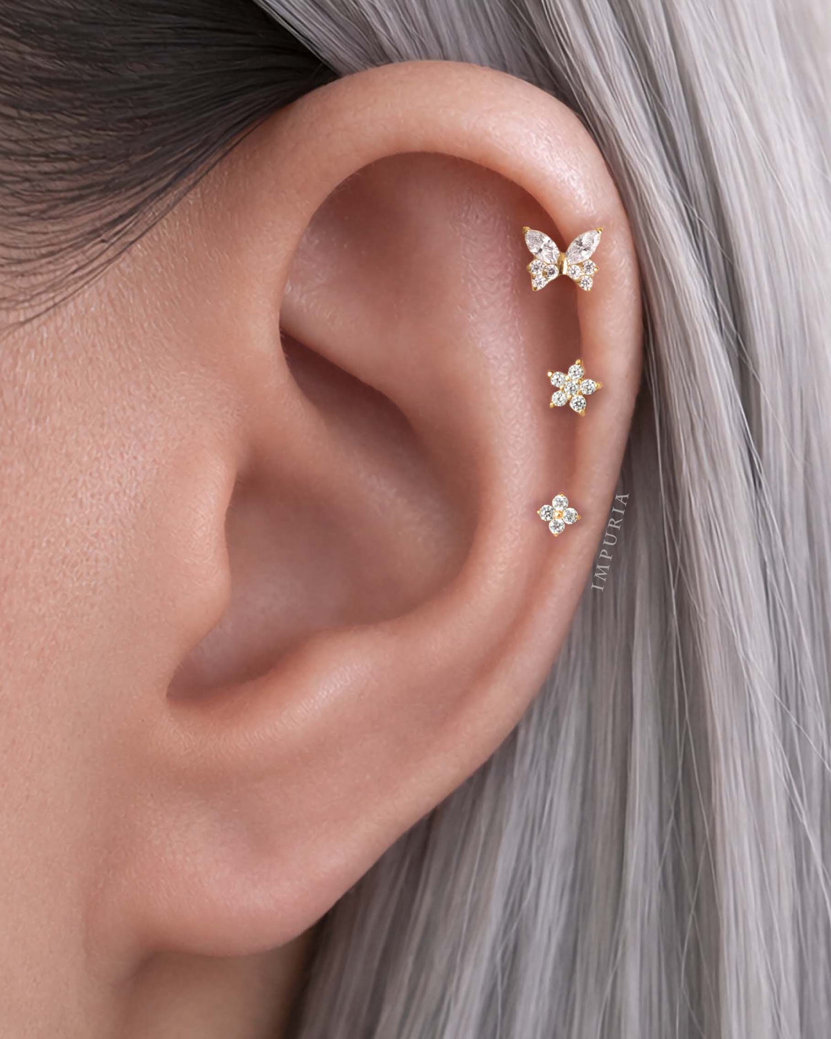 helix trio flat back earring stud 16G hypoallergenic at impuria ear piercing jewelry in gold