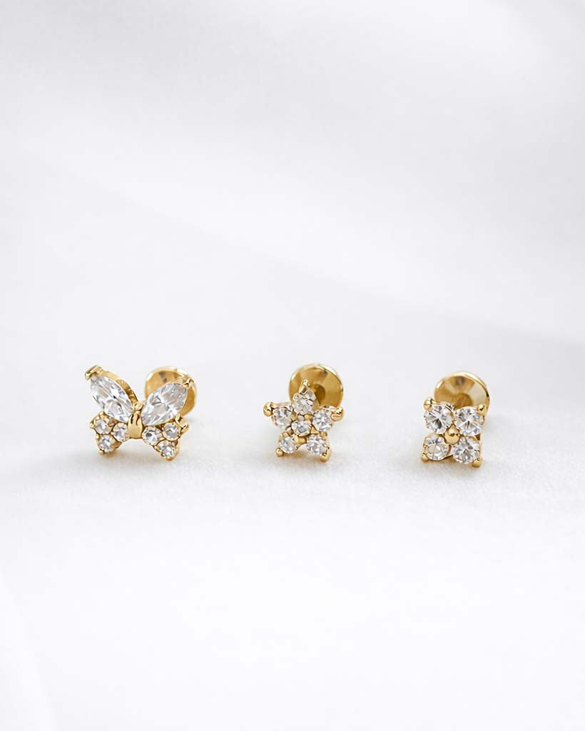 gold triple flat back earring stud 16G hypoallergenic at impuria ear piercing jewelry