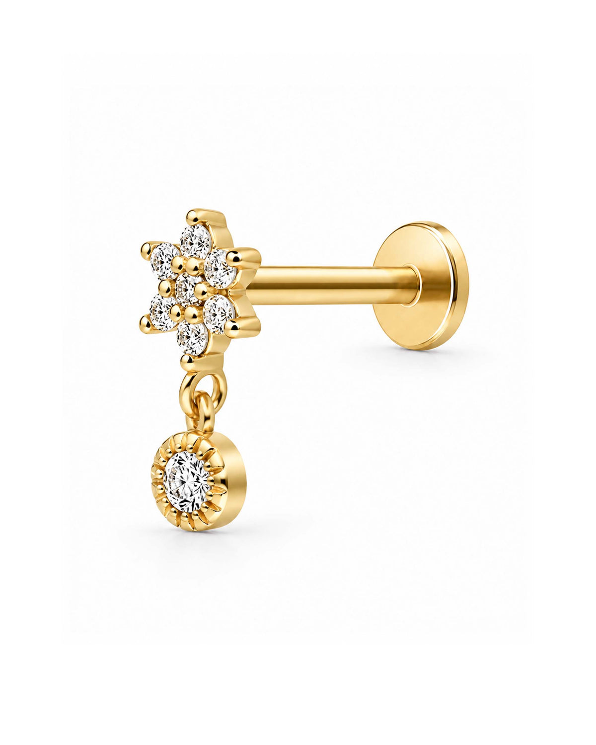 A gold flat back stud earring with a flower-shaped cluster of clear gemstones and a dangling round halo gemstone, shown on a clean white background.