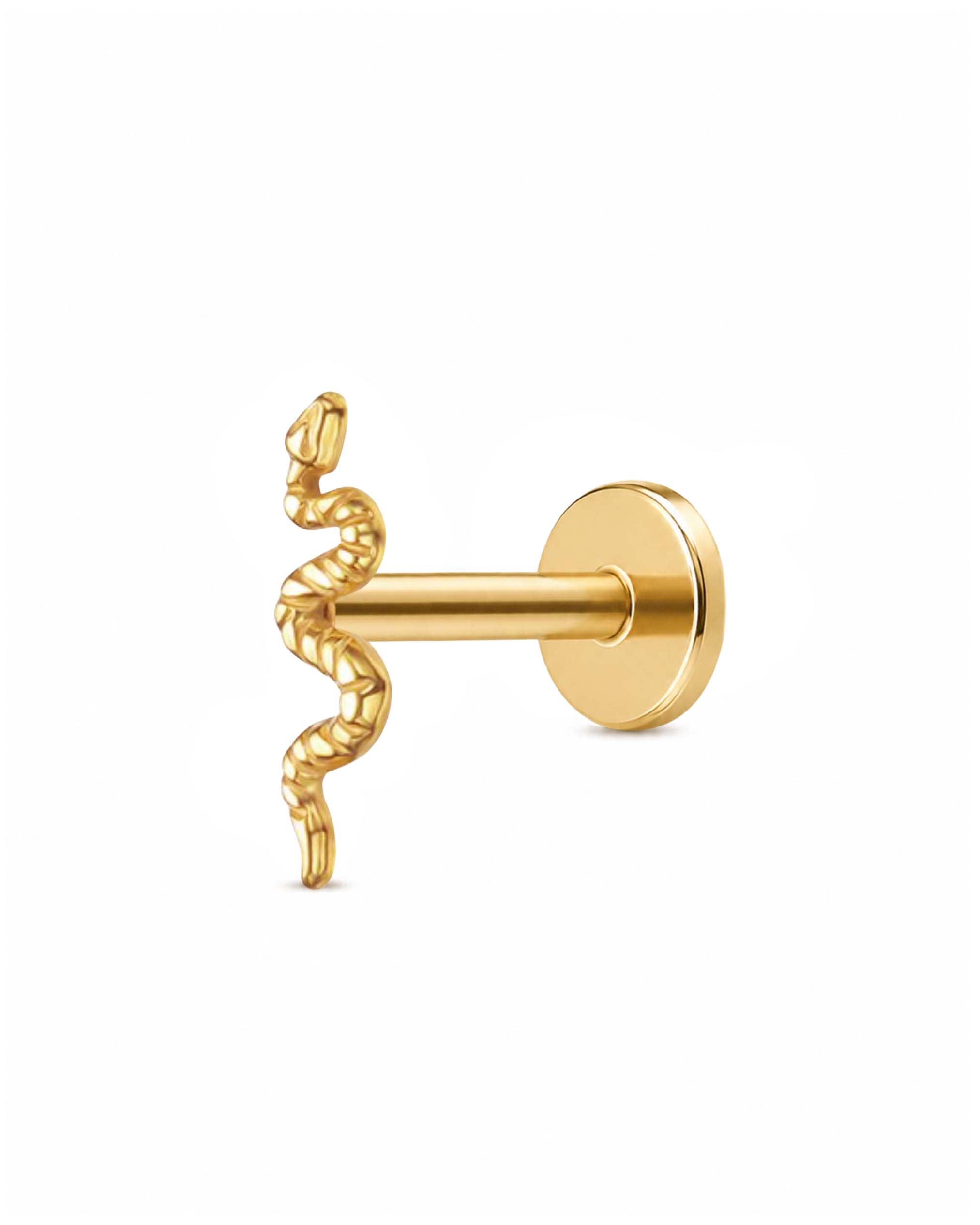 A gold-plated labret stud earring featuring a detailed snake wrapping around the post, set against a solid white background.