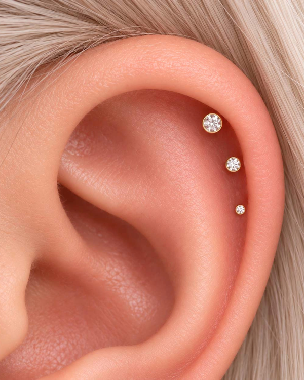 Triple Helix Multiple Cartilage Ear Piercings with Solitaire Tapered Set Surgical Stainless Steel 16G from Impuria Jewelry