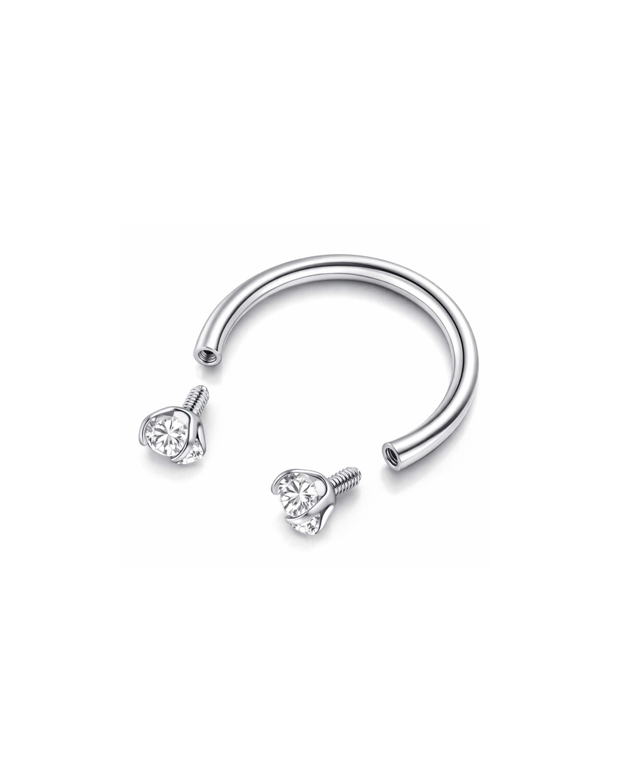 A silver-toned open-ended hoop earring with two screw-back crystal studs, shown on a plain white background.