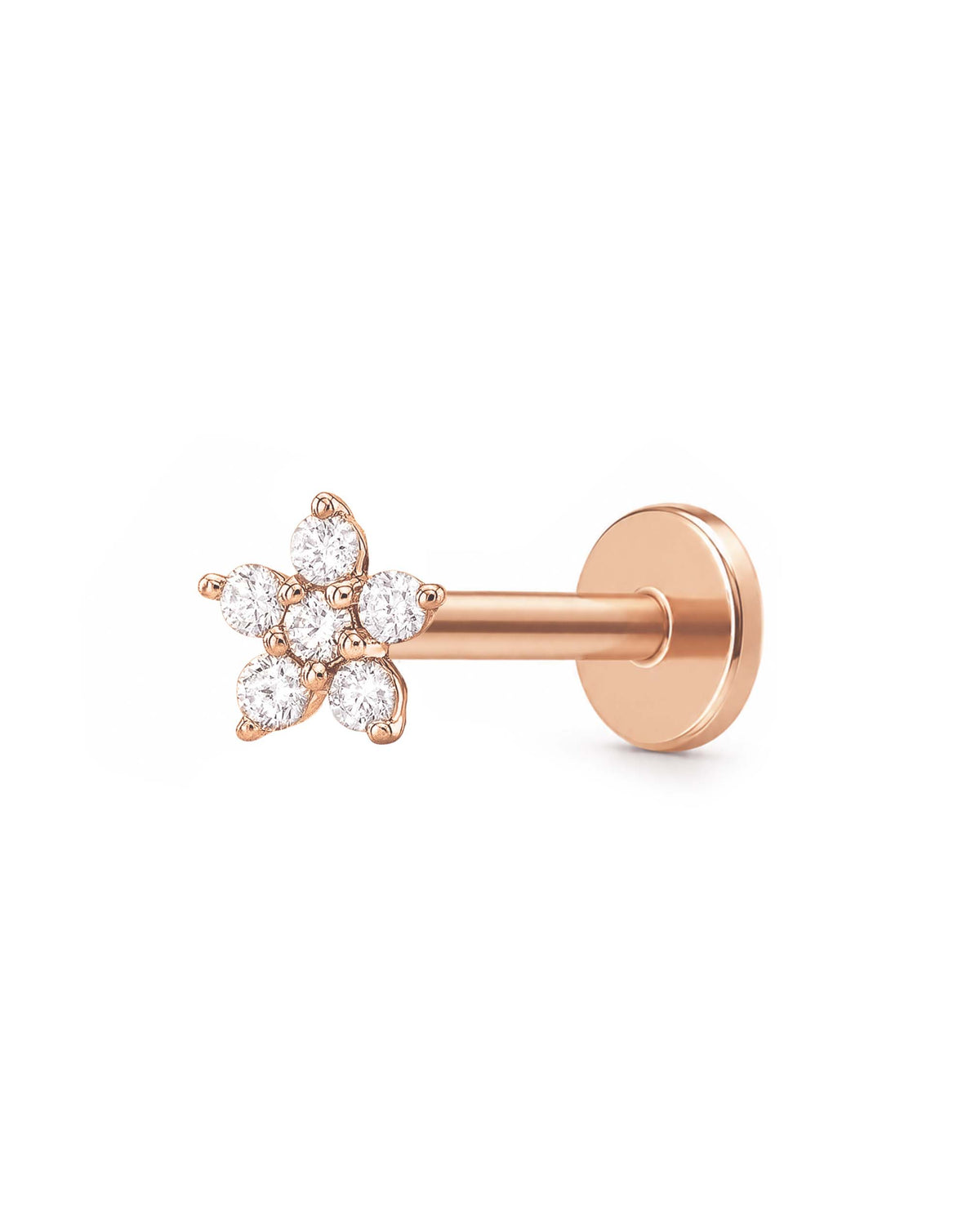 A rose gold flat-back labret stud earring featuring a five-petal flower cluster set with clear round-cut gemstones, shown on a plain white background.