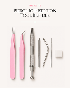Piercing insertion tool bundle with pink-handled tweezers, a curved needle tool, straight needle tools, a metal core driver, and a small white cleaning block on a light beige background with the text 'THE ELITE Piercing Insertion TOOL BUNDLE' at the top.