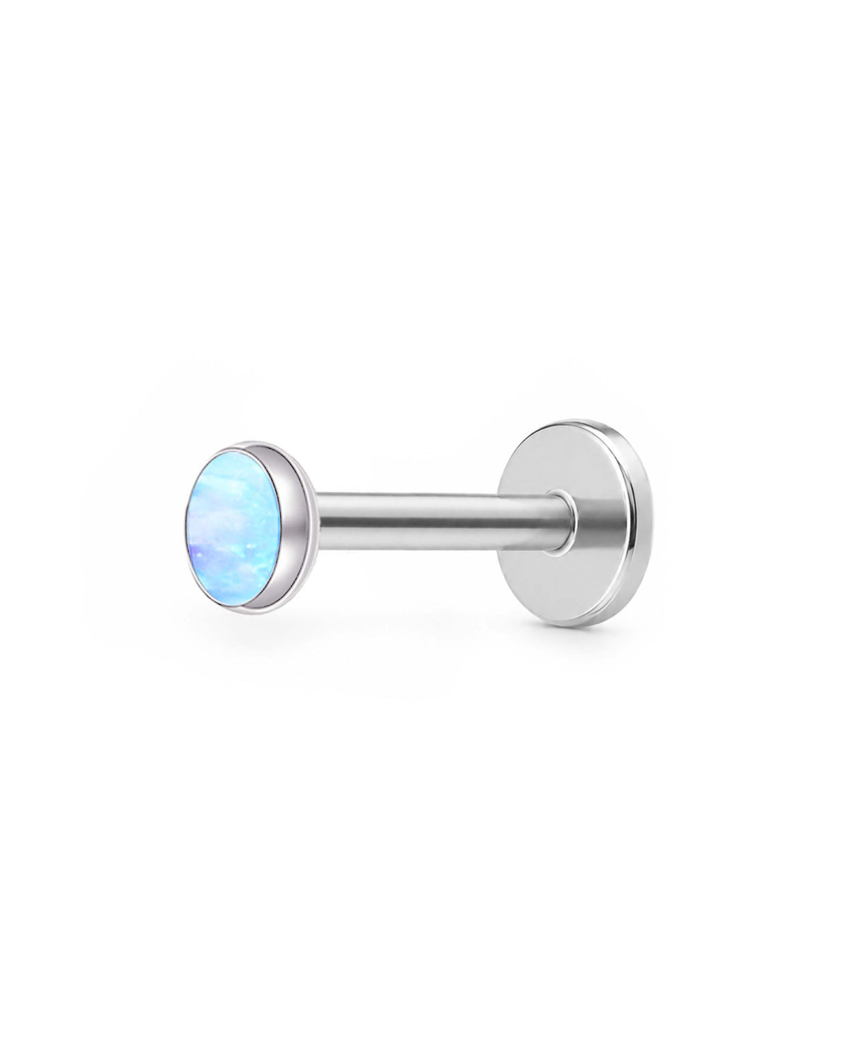 A silver-toned labret piercing stud with a round bezel-set light blue opal gemstone, shown against a plain white background.