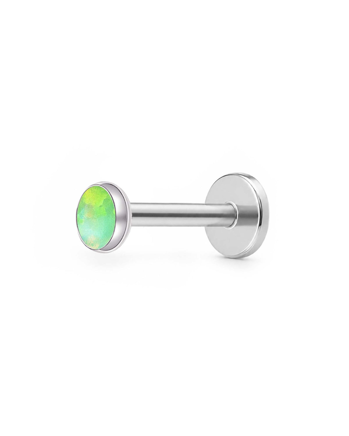 A silver-toned labret piercing stud with a round bezel-set light green opal gemstone on a clean white background.