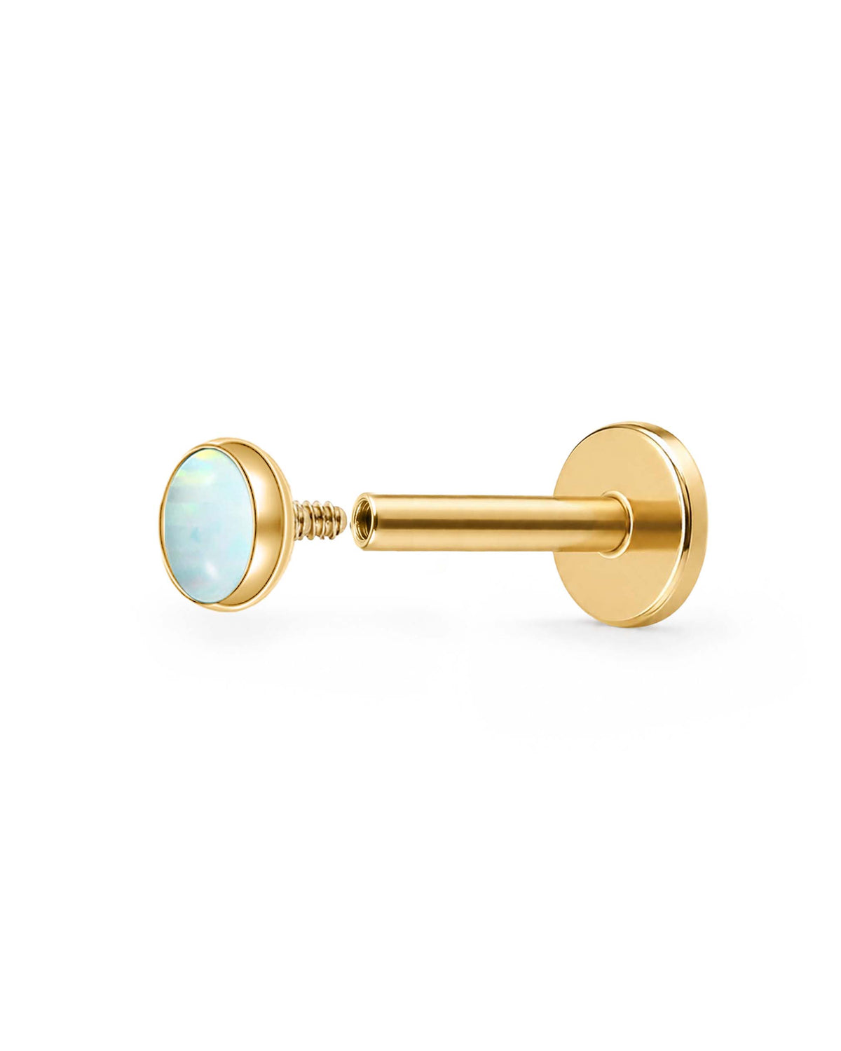 A gold-plated labret piercing stud opened showing internally threaded barbell with a round bezel-set light opalite gemstone on the front, shown against a plain white background.