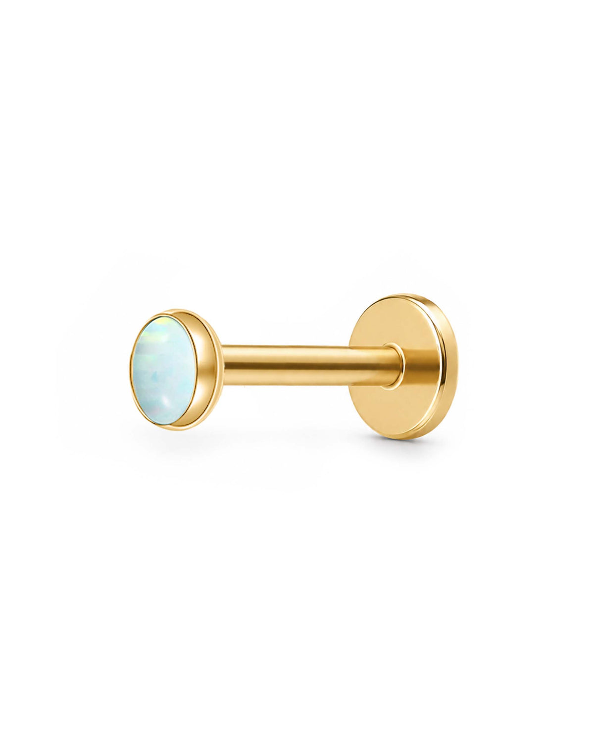 A gold-plated labret piercing stud with a round bezel-set opalite gemstone, shown against a solid white background.