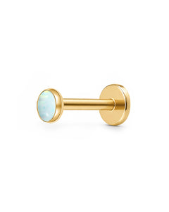 A gold-plated labret piercing stud with a round bezel-set opalite gemstone, shown against a solid white background.