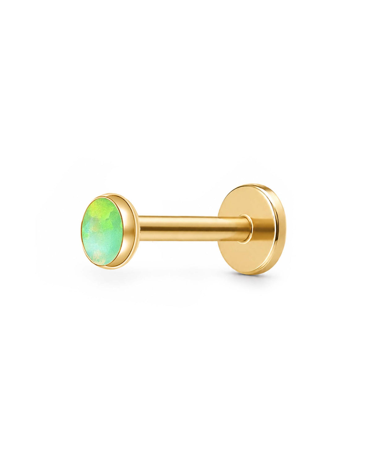 A gold-plated labret piercing stud with a round bezel-set green opal gemstone on a clean white background.