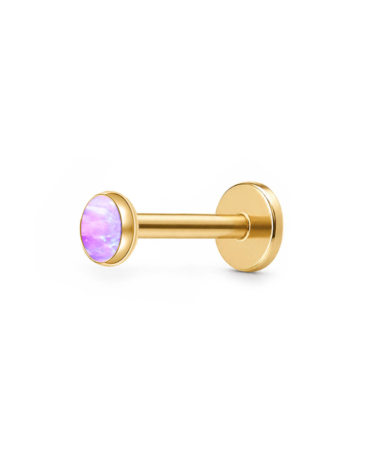 A gold-plated labret piercing stud with a round bezel-set pink iridescent opal gemstone, shown against a plain white background.