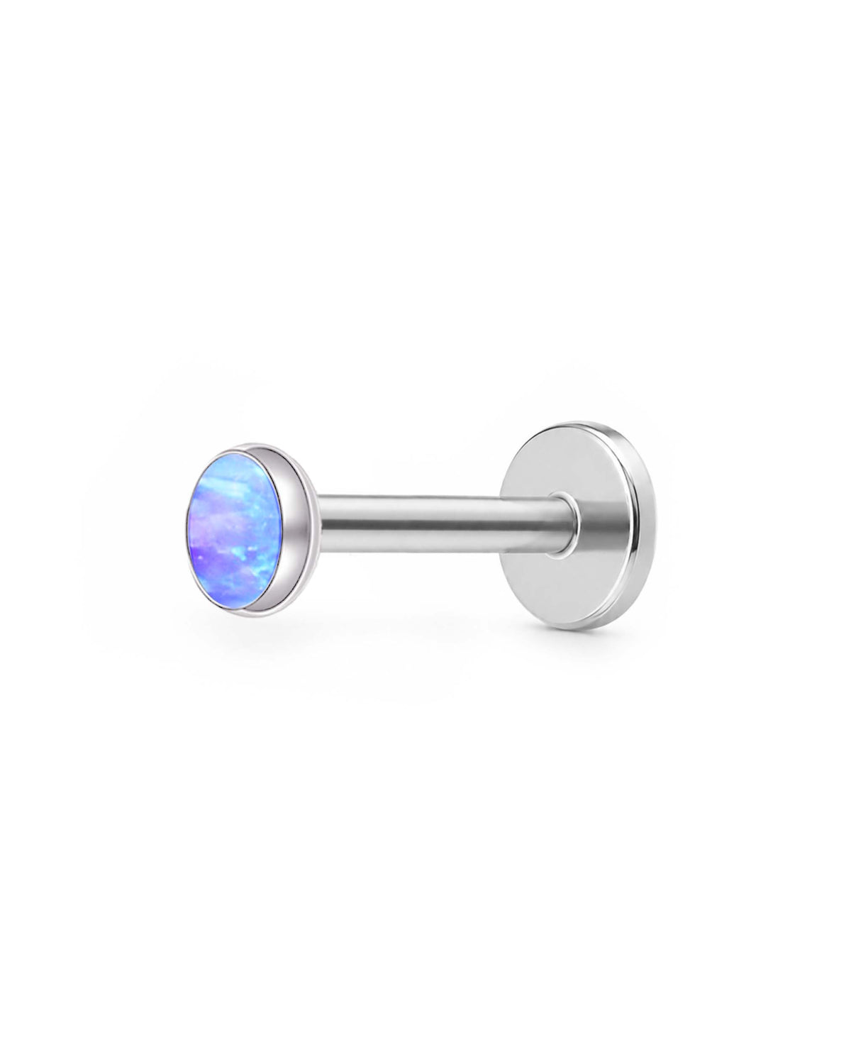 A silver-toned labret piercing stud with a round bezel-set cabochon featuring a blue and purple iridescent opal-like pattern, shown on a clean white background.