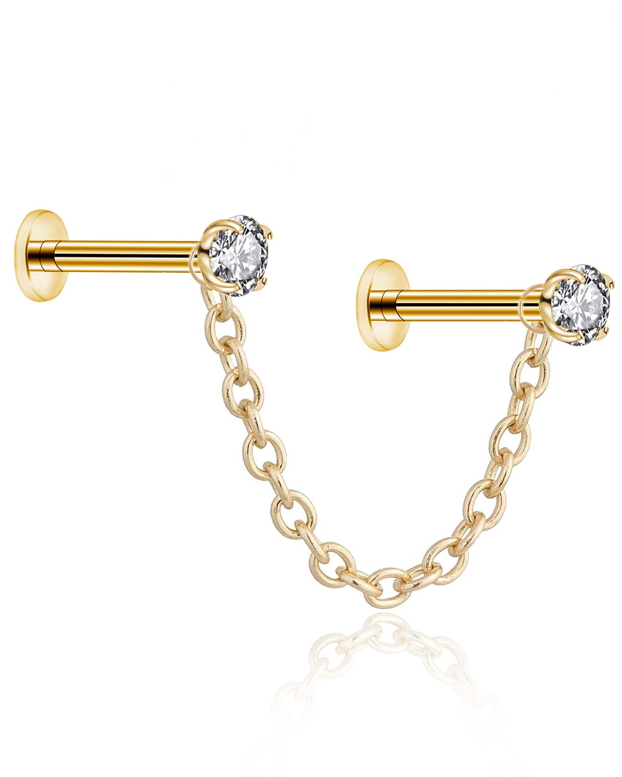 Gemini Chain Double Crystal Threaded Prong Ear Piercing Earring Stud Set