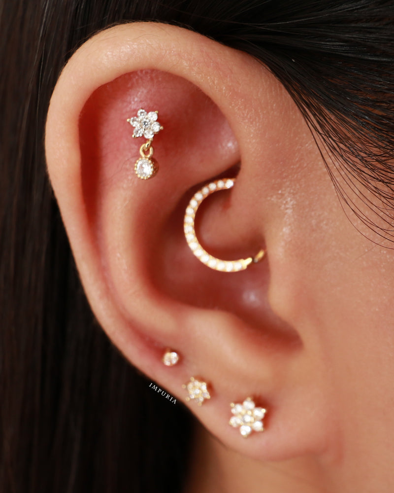 Pretty Crystal Flower Drop Flat Cartilage Helix Earring Stud Ear Piercing Jewelry Ideas - www.Impuria.com