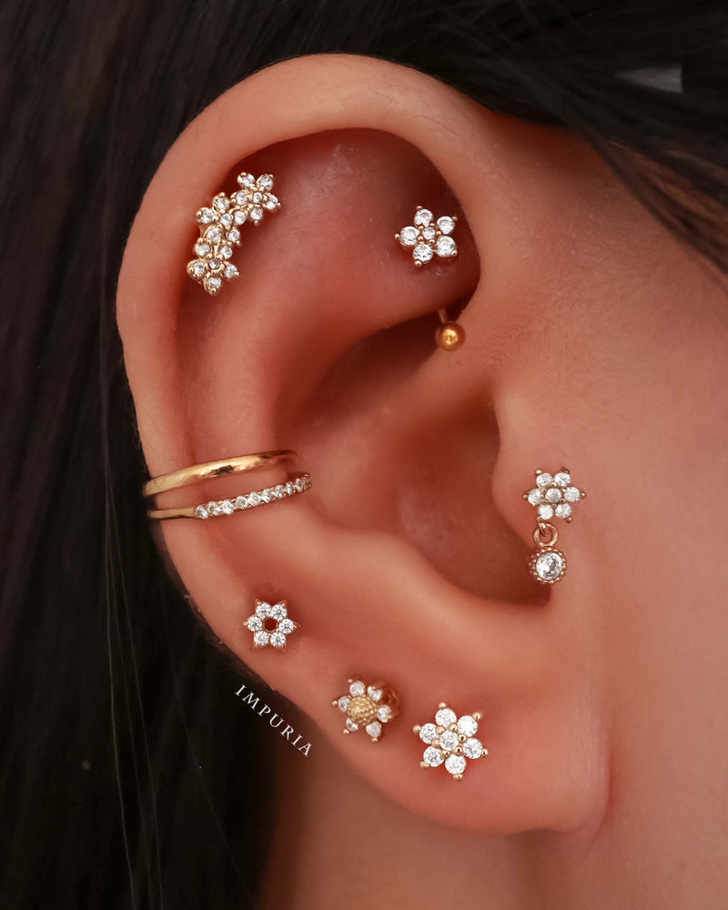 Posy Crystal Flower Threaded 14K Gold Earring Stud