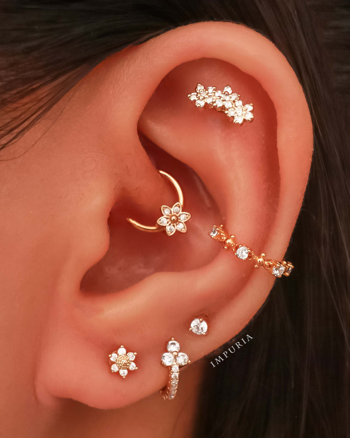 Cute Multiple Ear Piercing Ideas Pretty Crystal Floral Flower Daith Hoop Ring Earring - www.Impuria.com