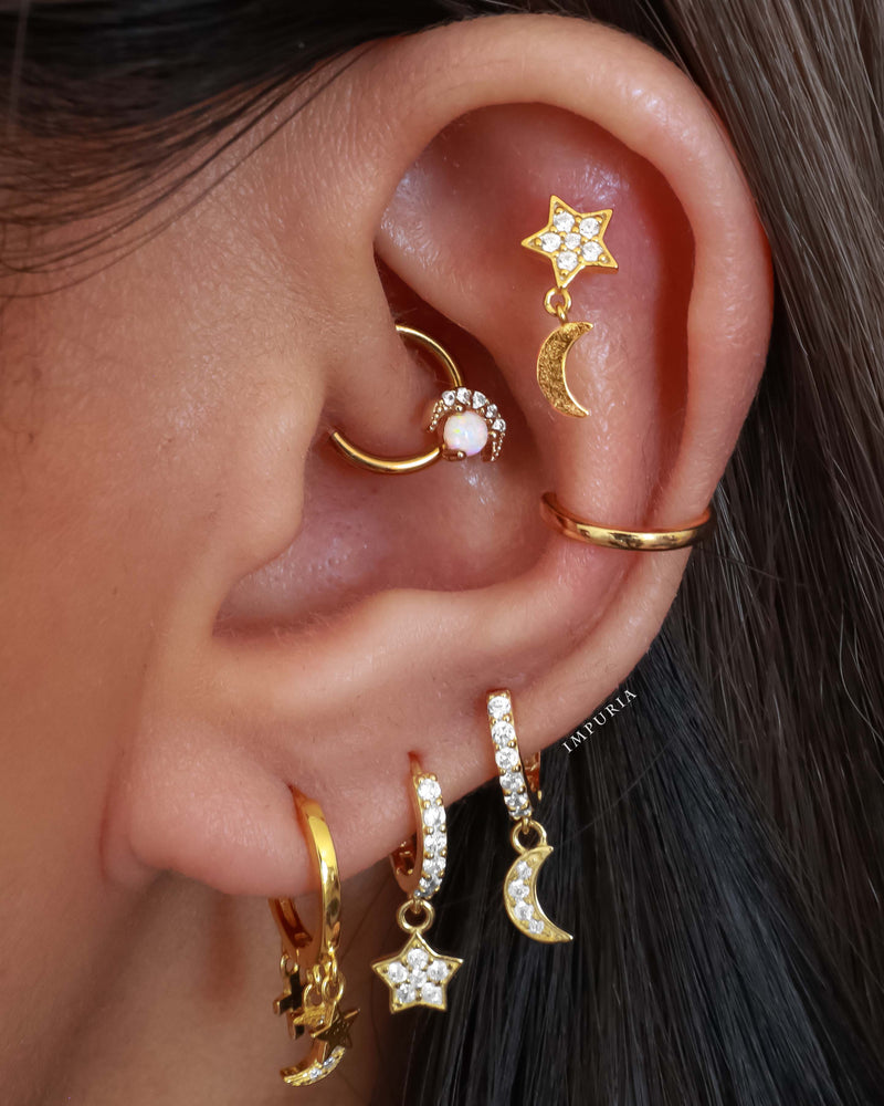Pretty Gold Multiple Ear Piercing Ideas - Moon Star Crystal Huggie Hoop Earrings - www.Impuria.com