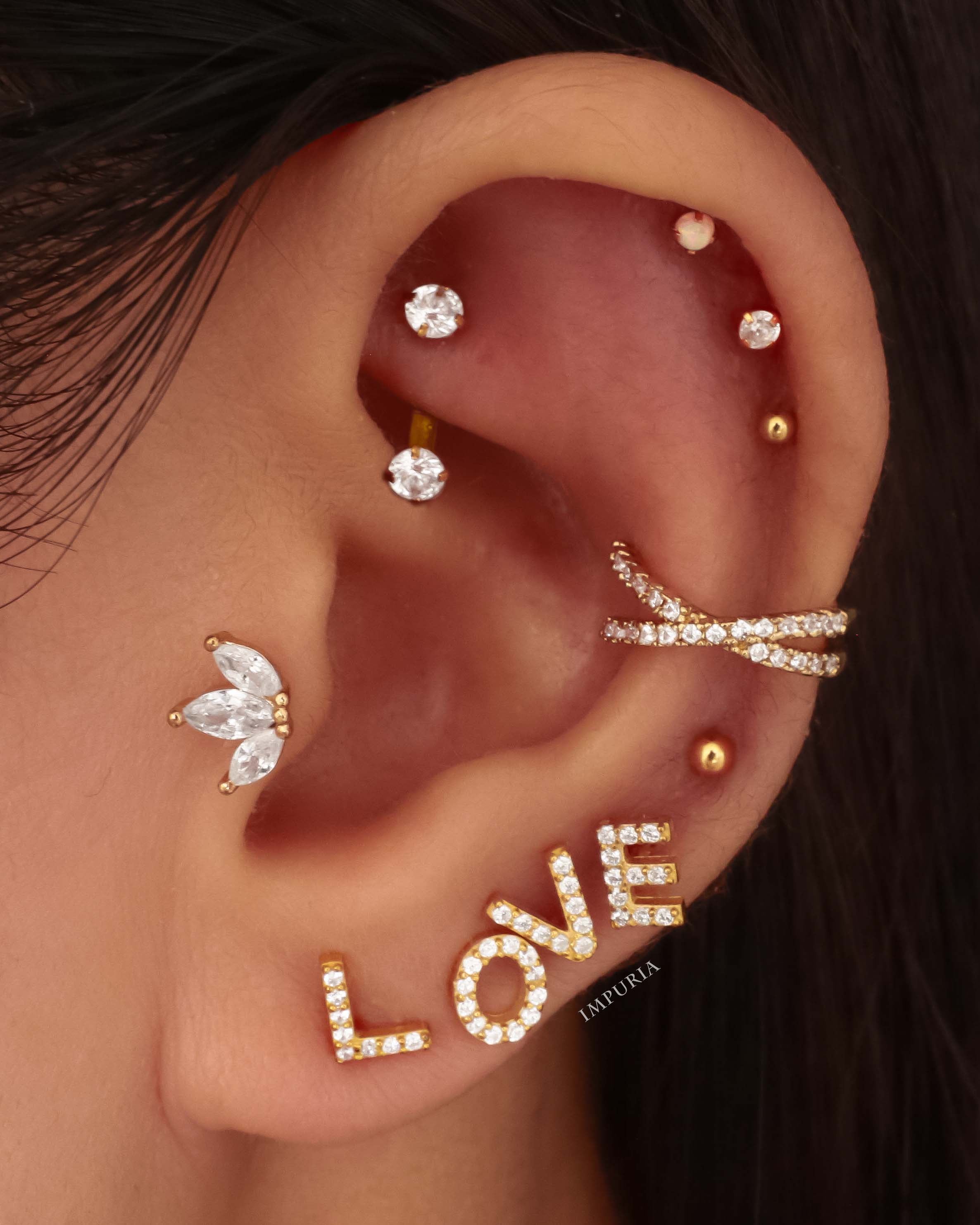 14K Solid Gold Cartilage Earring Stud Multiple LOVE Ear Piercing Curation Ideas for Women - www.Impuria.com #earpiercings