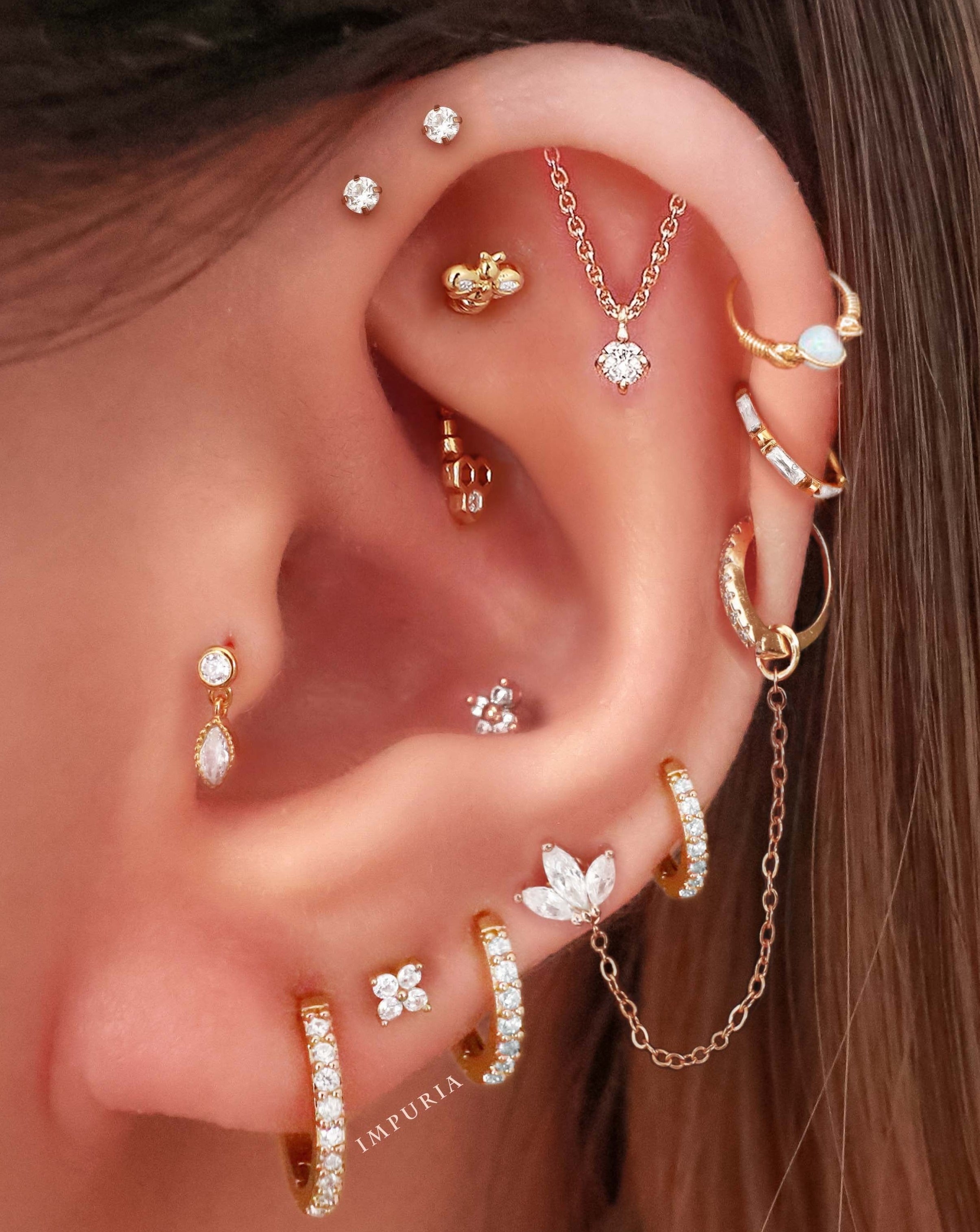 Jiro Chain Lotus Stud Crystal Hinged Segment Hoop Ring Clicker Ear Piercing Earring Set