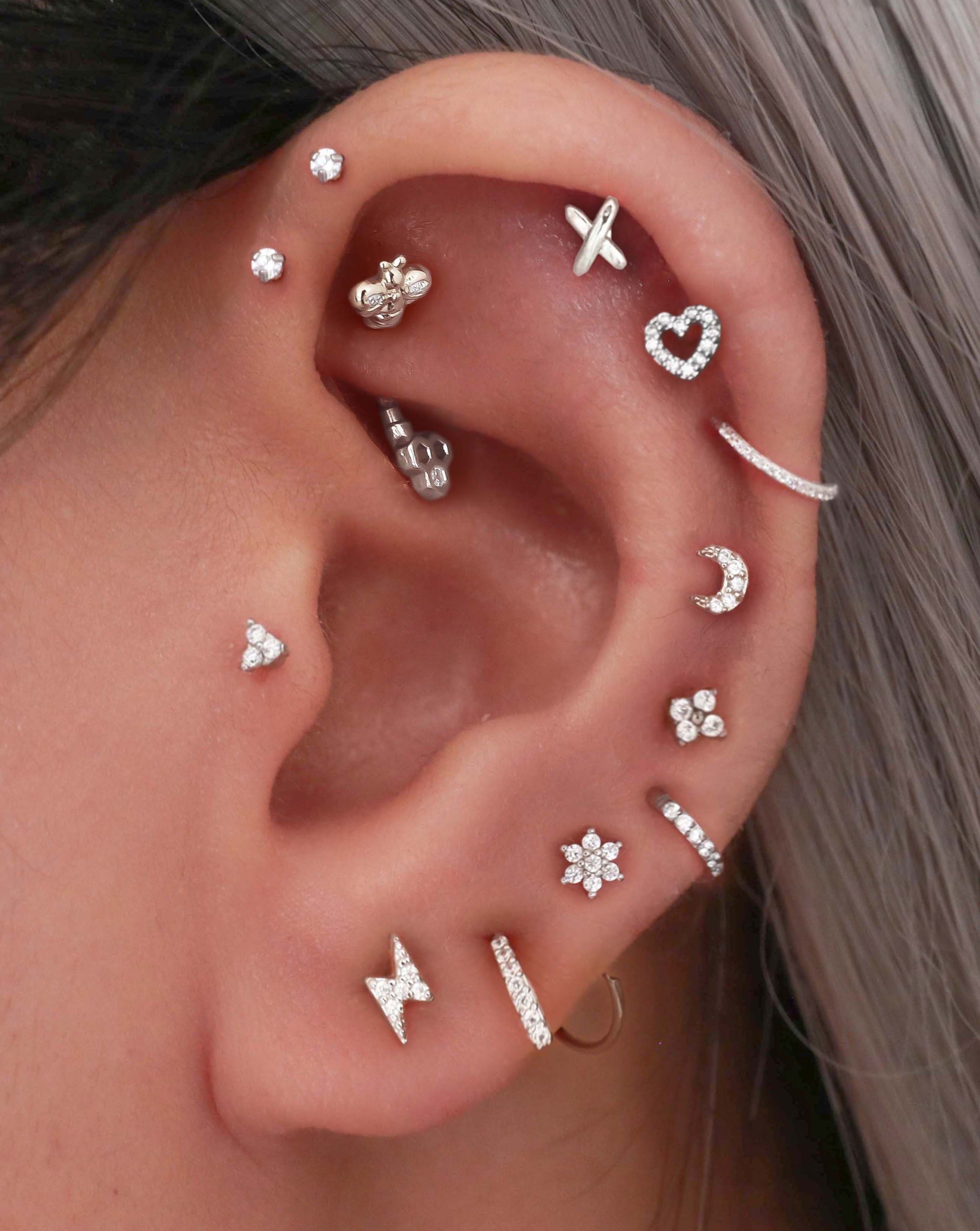 Silver Bee Rook Earring Curved Barbell - Classy Multiple Ear Piercing Curation Ideas Cartilage Helix Rook Tragus Forward Helix Conch Ear Lobe - www.Impuria.com