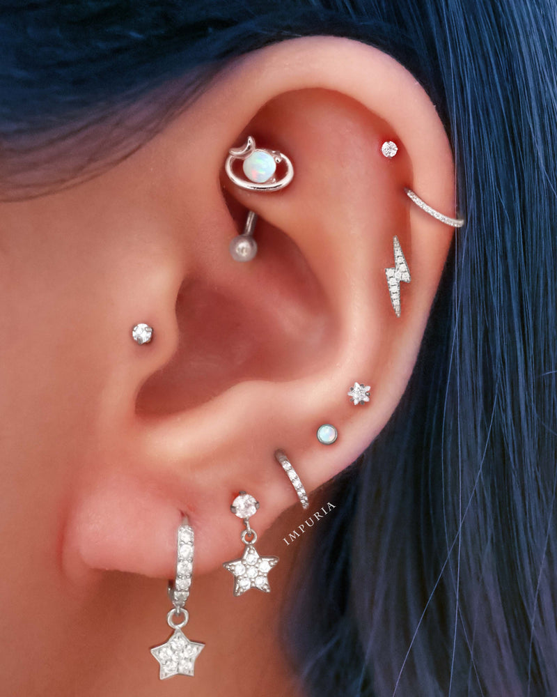 Celestial Opal Star Moon  Ear Piercing Jewelry Ideas for Women with Ear Tattoo- Crystal Pave Cartilage Helix Tragus Conch Rook Earring Ring Hoop - Ideas para perforar la oreja - www.Impuria.com