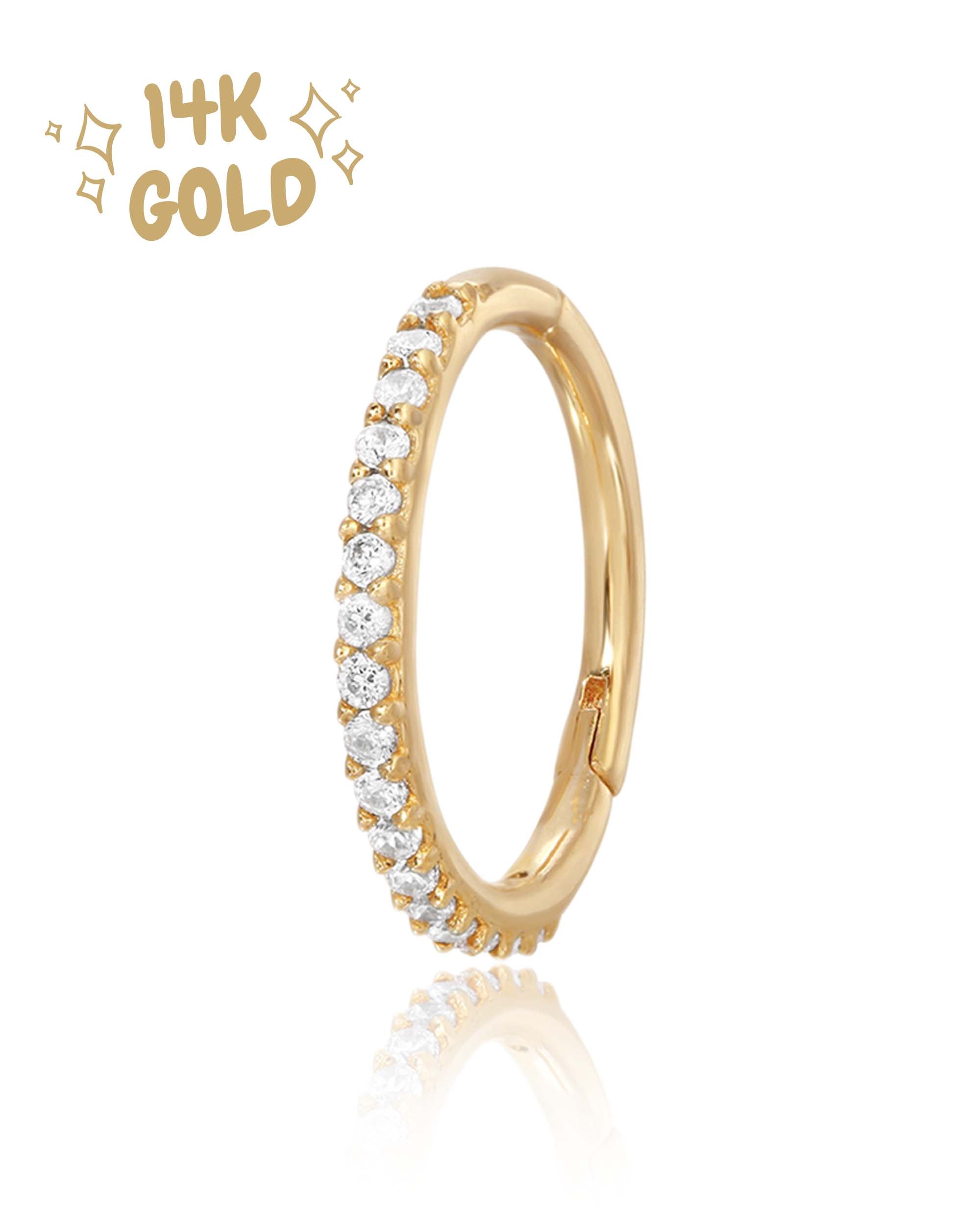 14k Solid Gold Crystal Pave Ear Piercing Ring Hoop 16G Cartilage Helix Tragus Conch - www.Impuria.com